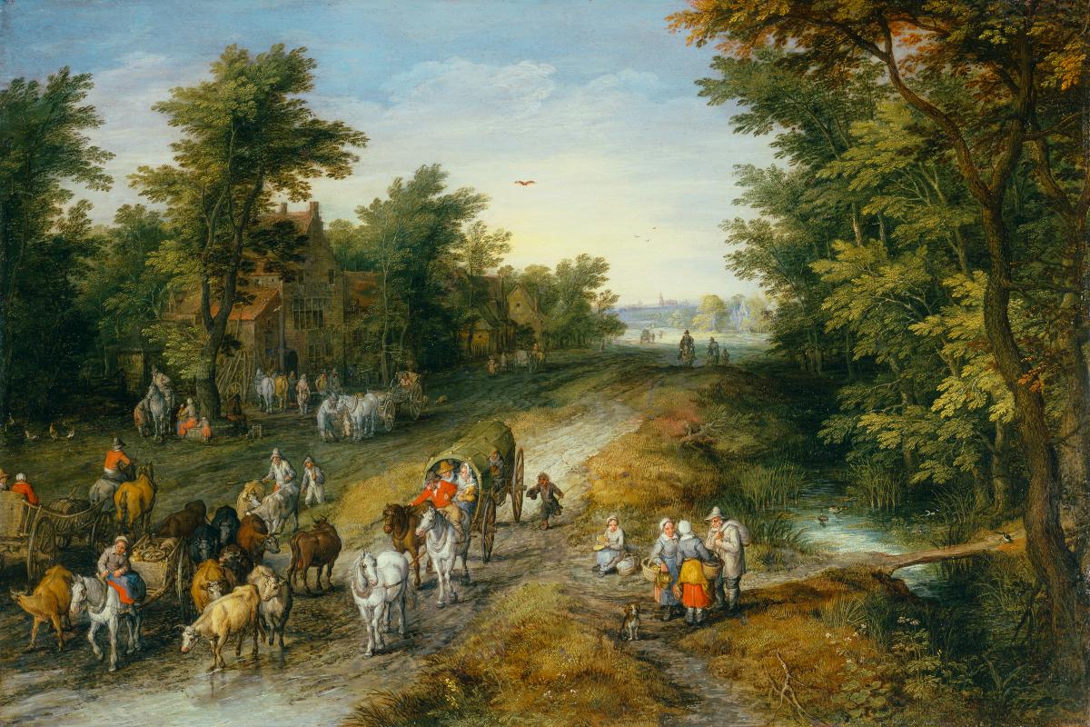 Landstrasse mit Reisenden und Wirtshaus - Jan Brueghel le Jeune image 1 copie peinte à la main à l’huile
