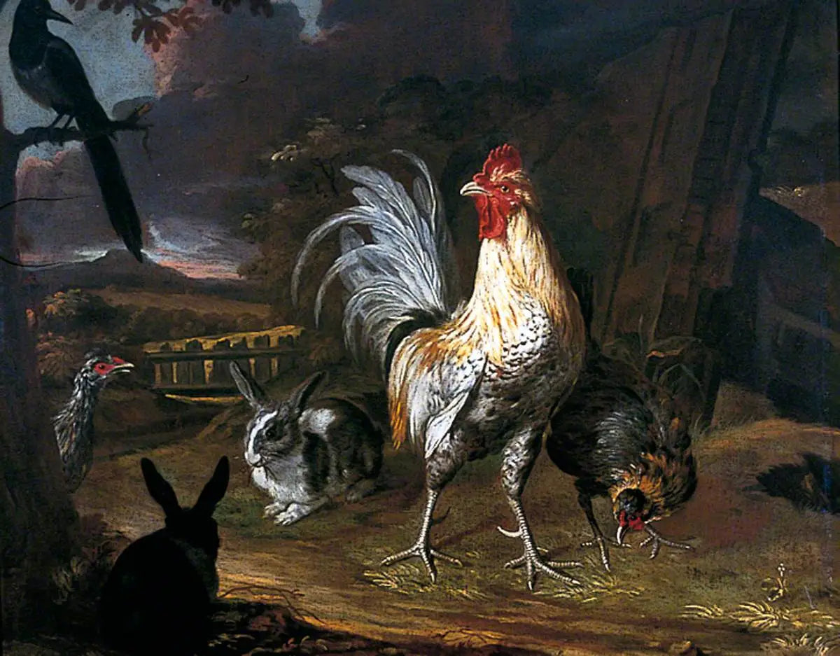 Lapins, un coq et une poule sur fond de paysage - Melchior de Hondecoeter image 1 reproduction d’œuvre d’art à l’huile