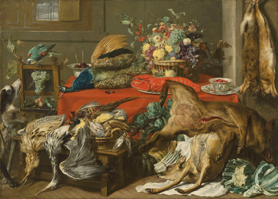 Larder with a draped table laden with game, a lobster, vegetables and fruit in a basket, and kraak porcelain, with a parrot and two hounds - Frans Snyders