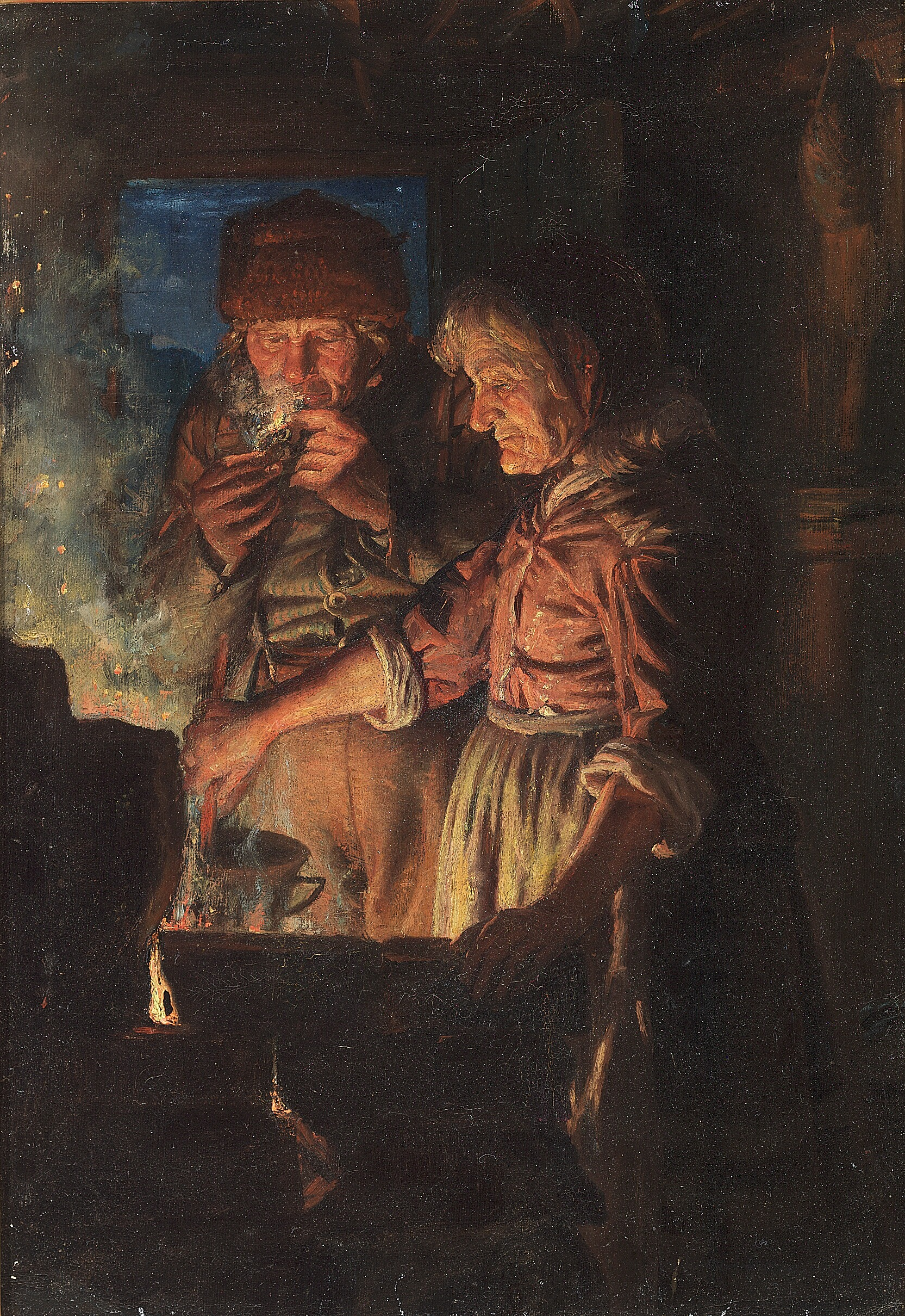 Lars Gaihede et sa femme près de la cheminée, Stifi remuant la marmite. - Michael Peter Ancher image 1 reproduction artisanale de tableau
