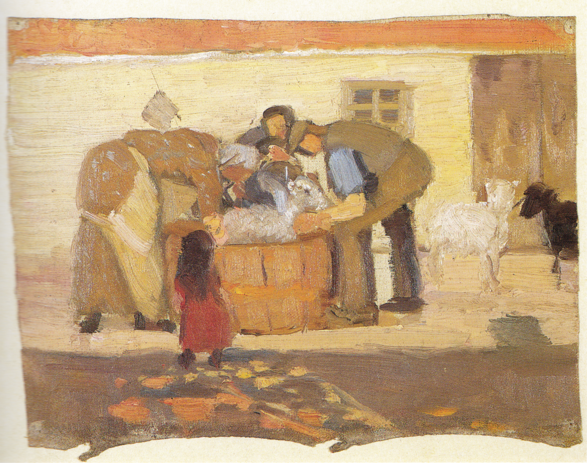 Laver les moutons devant une maison - Anna Ancher image 1 reproduction de peinture à l’huile
