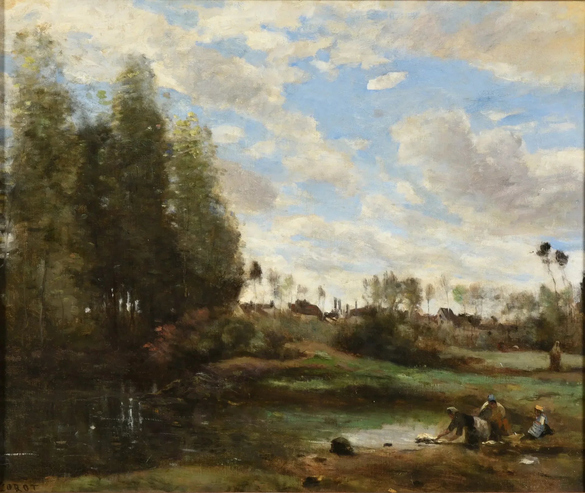 Laveuses au bord de l'eau - Jean-Baptiste Camille Corot image 1 copie peinte à la main à l’huile