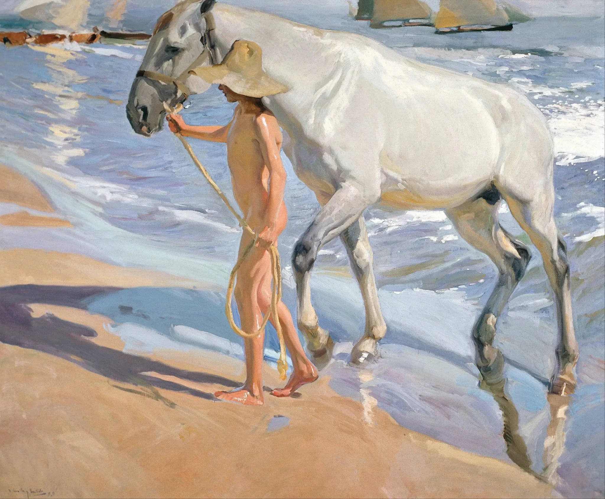 Le Bain du cheval - Joaquín Sorolla image 1 copie peinte à la main à l’huile