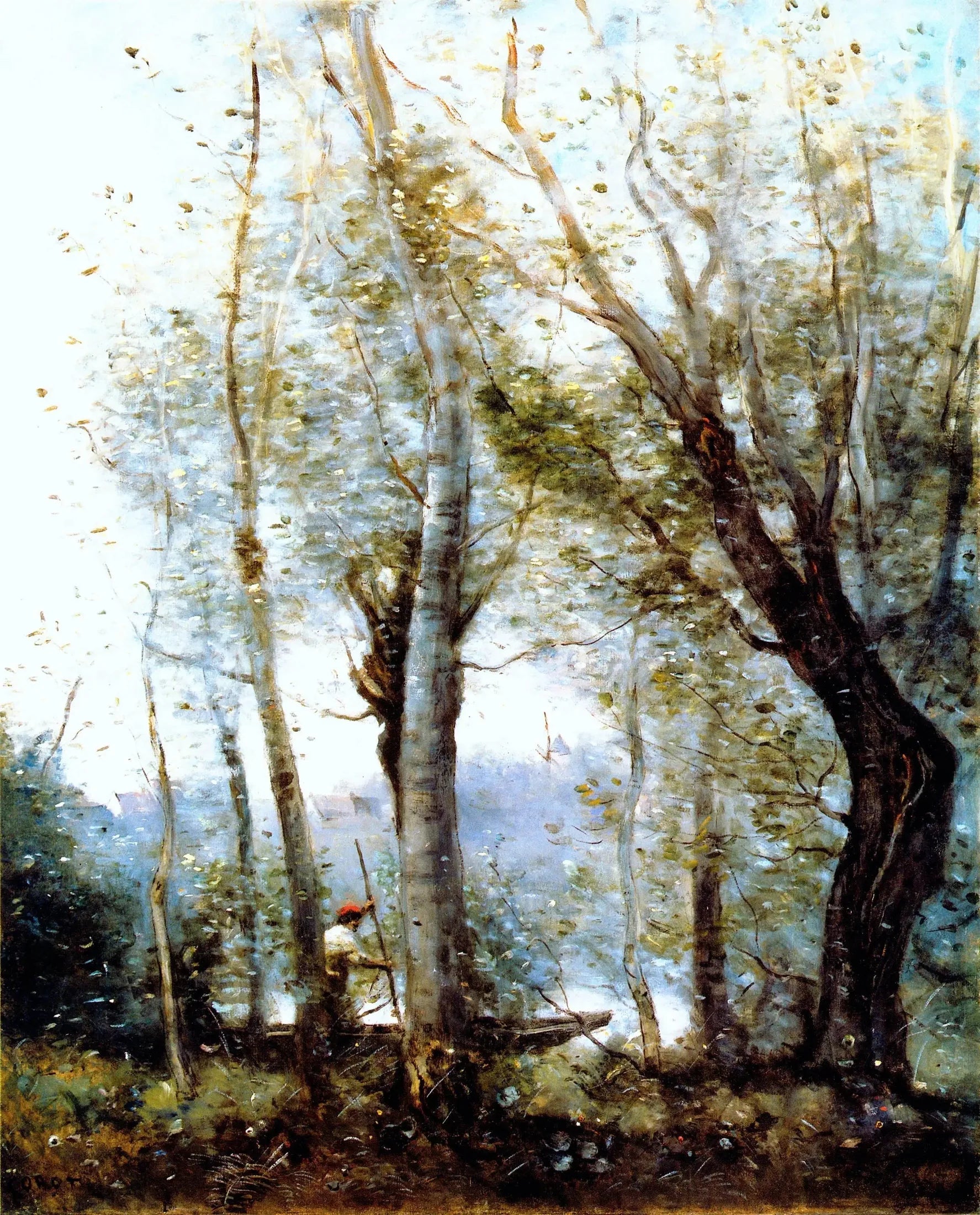 Le Batelier passant derrière les arbres de la rive - Jean-Baptiste Camille Corot image 1 reproduction artisanale de tableau