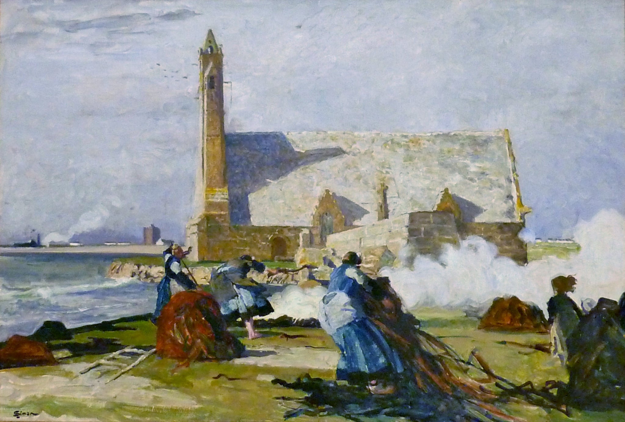 Le Brûlage du goémon devant la chapelle Notre-Dame-de-la-Joie à Penmarc'h - Lucien Simon image 1 reproduction artisanale de tableau