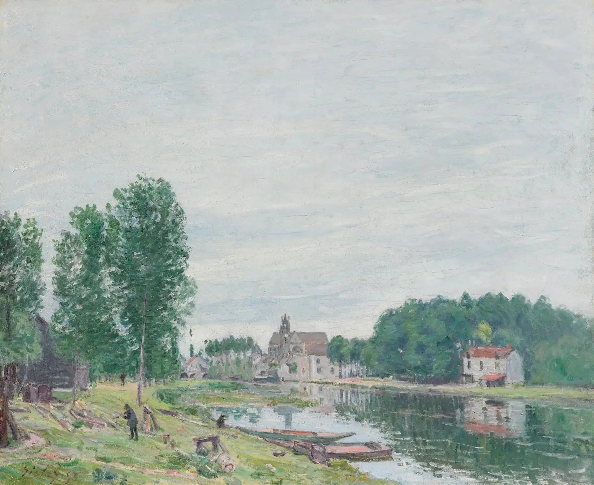 Le chantier naval Matrat, Moret-Sur-Loing, temps pluvieux - Alfred Sisley image 1 tableau peint à l’huile sur toile