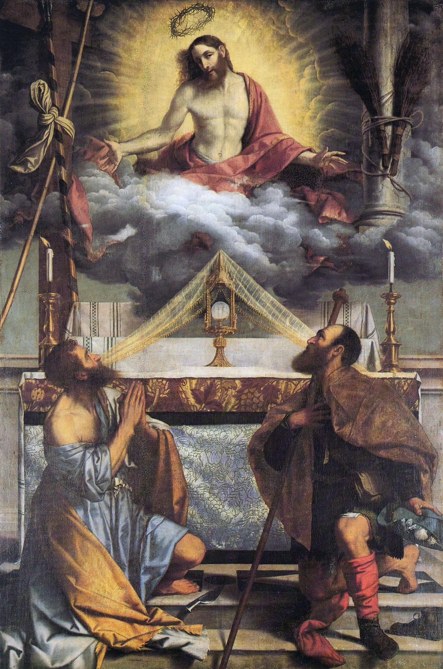 Le Christ avec l'Eucharistie et les saints Barthélemy et Roch - Alessandro Bonvicino image 1 tableau peint à l’huile sur toile