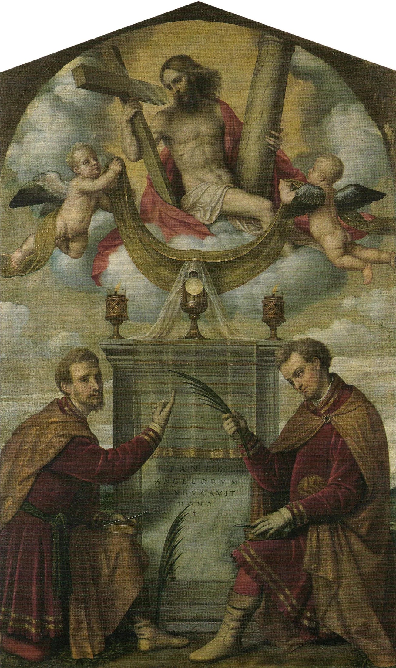 Le Christ avec l'Eucharistie et les saints Côme et Damien - Alessandro Bonvicino image 1 copie peinte à la main à l’huile