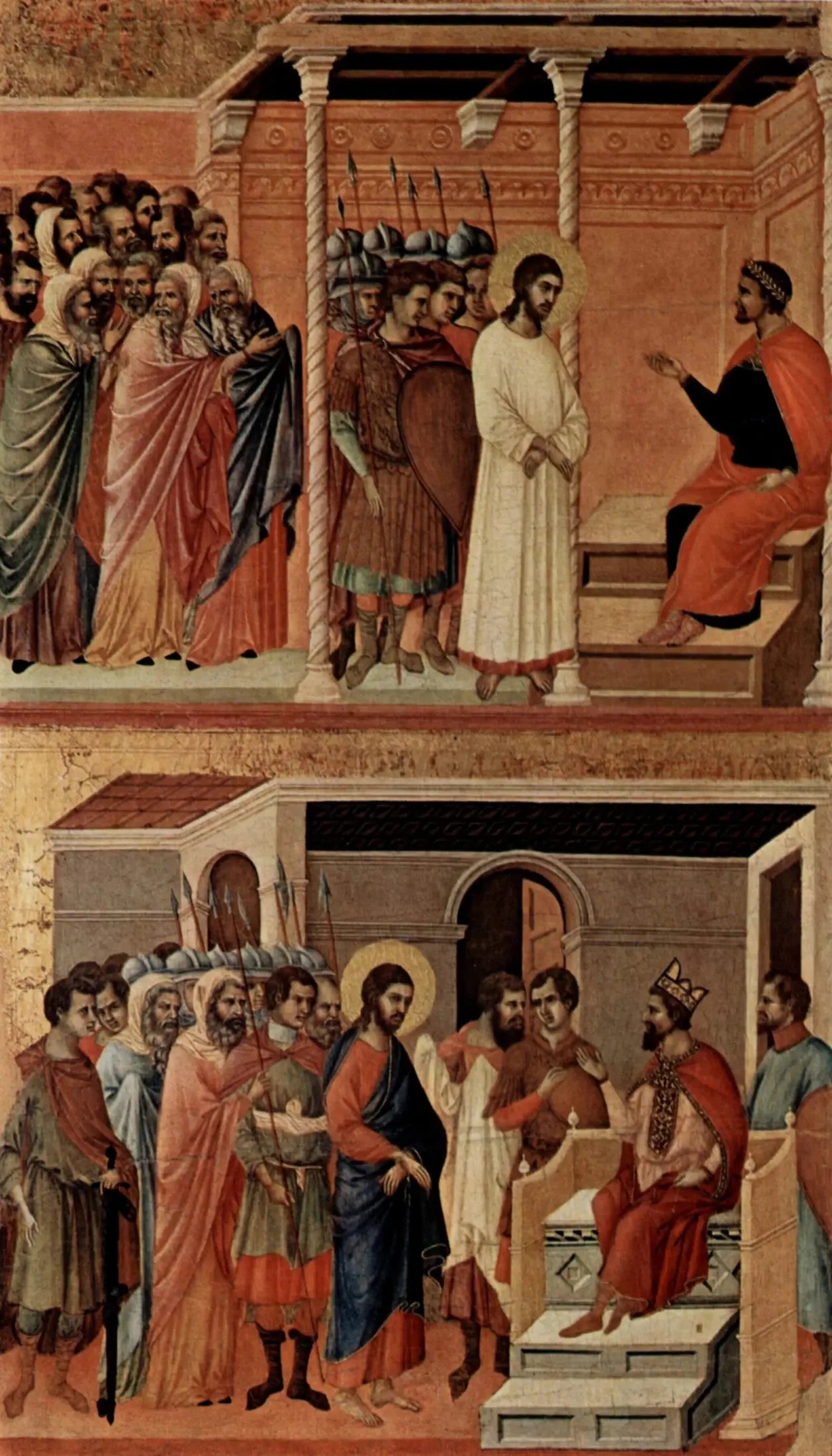 Le Christ devant Pilate à nouveau (en haut) ; Le Christ devant Hérode (en bas) - Duccio di Buoninsegna image 1 reproduction de peinture à l’huile