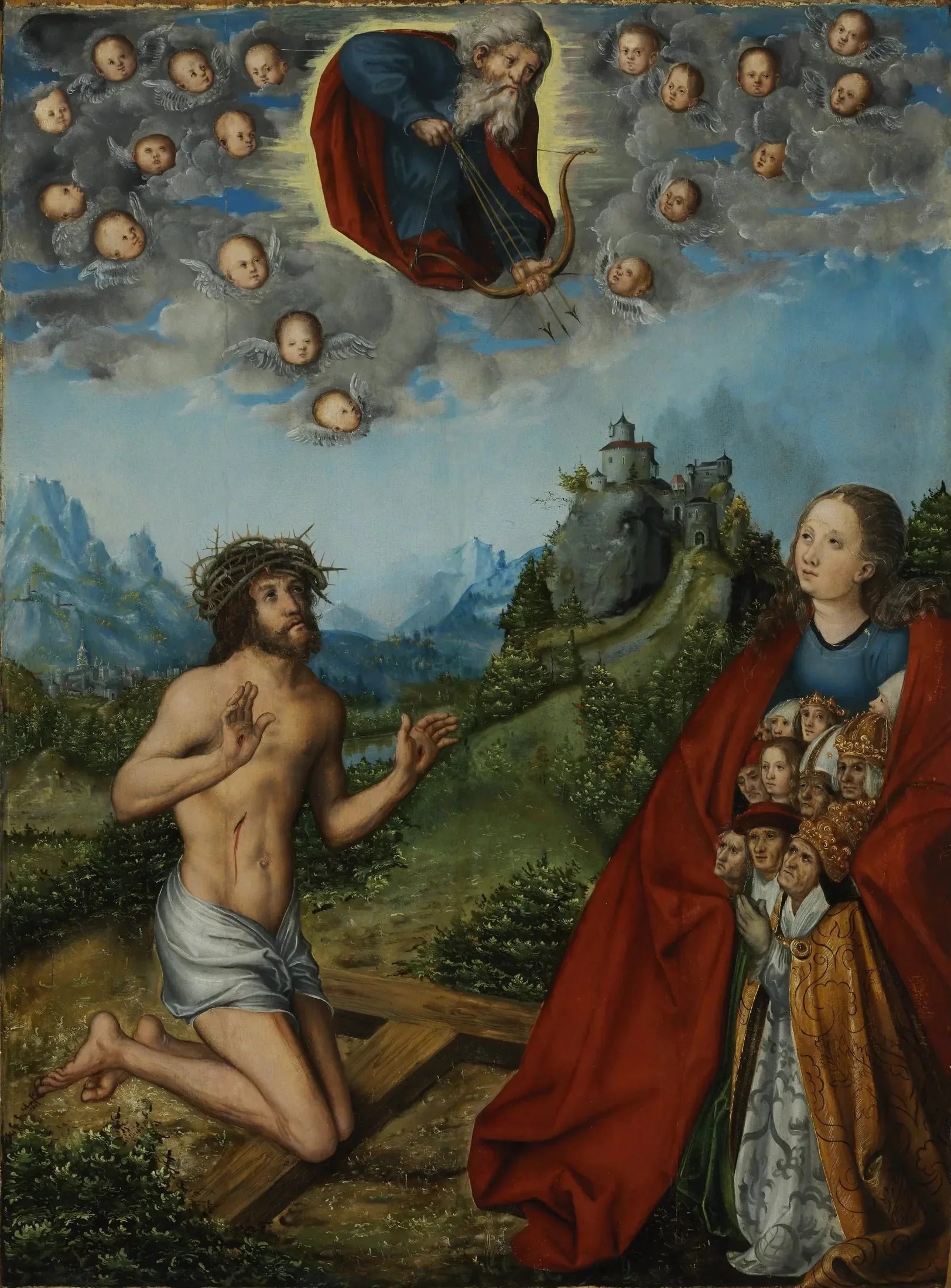 Le Christ et la Vierge intercédant pour l'humanité devant Dieu le Père - Lucas Cranach the Elder image 1 copie peinte à la main à l’huile