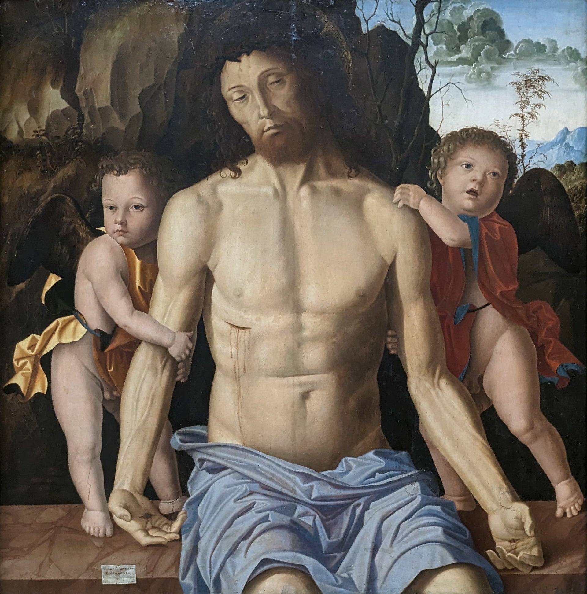 Le Christ mort soutenu par deux anges - Marco Palmezzano image 1 reproduction de peinture à l’huile