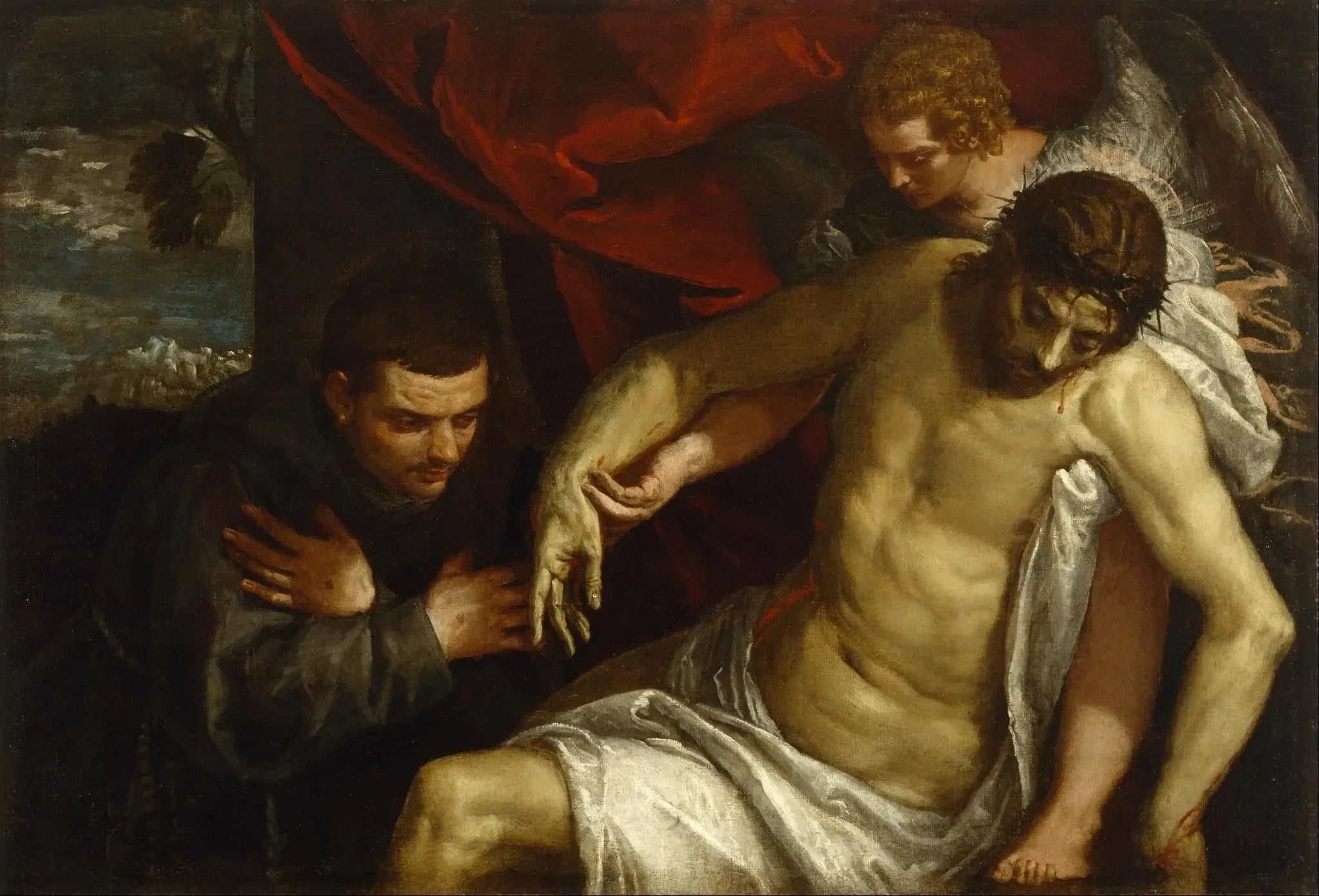 Le Christ mort soutenu par un ange et adoré par un franciscain - Paul Véronèse image 1 reproduction de peinture à l’huile