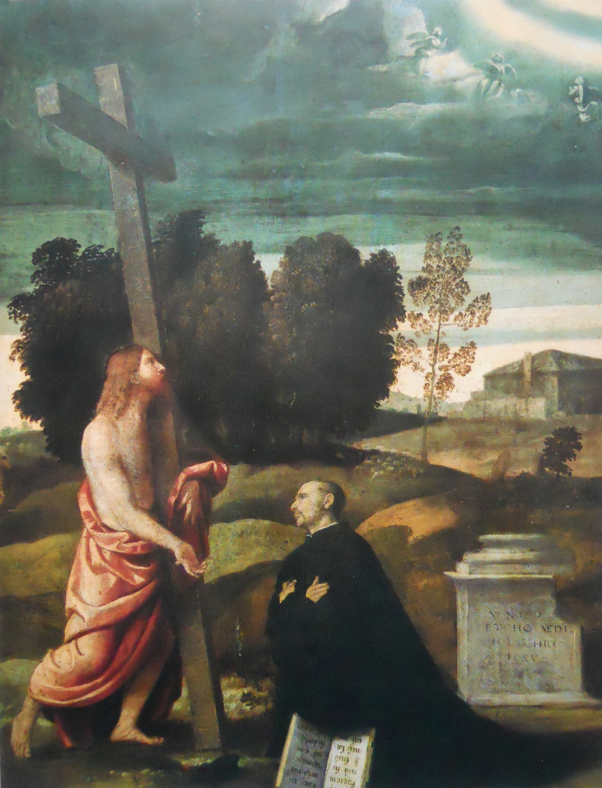 Le Christ portant la croix devant une figure agenouillée - Alessandro Bonvicino image 1 tableau peint à l’huile sur toile