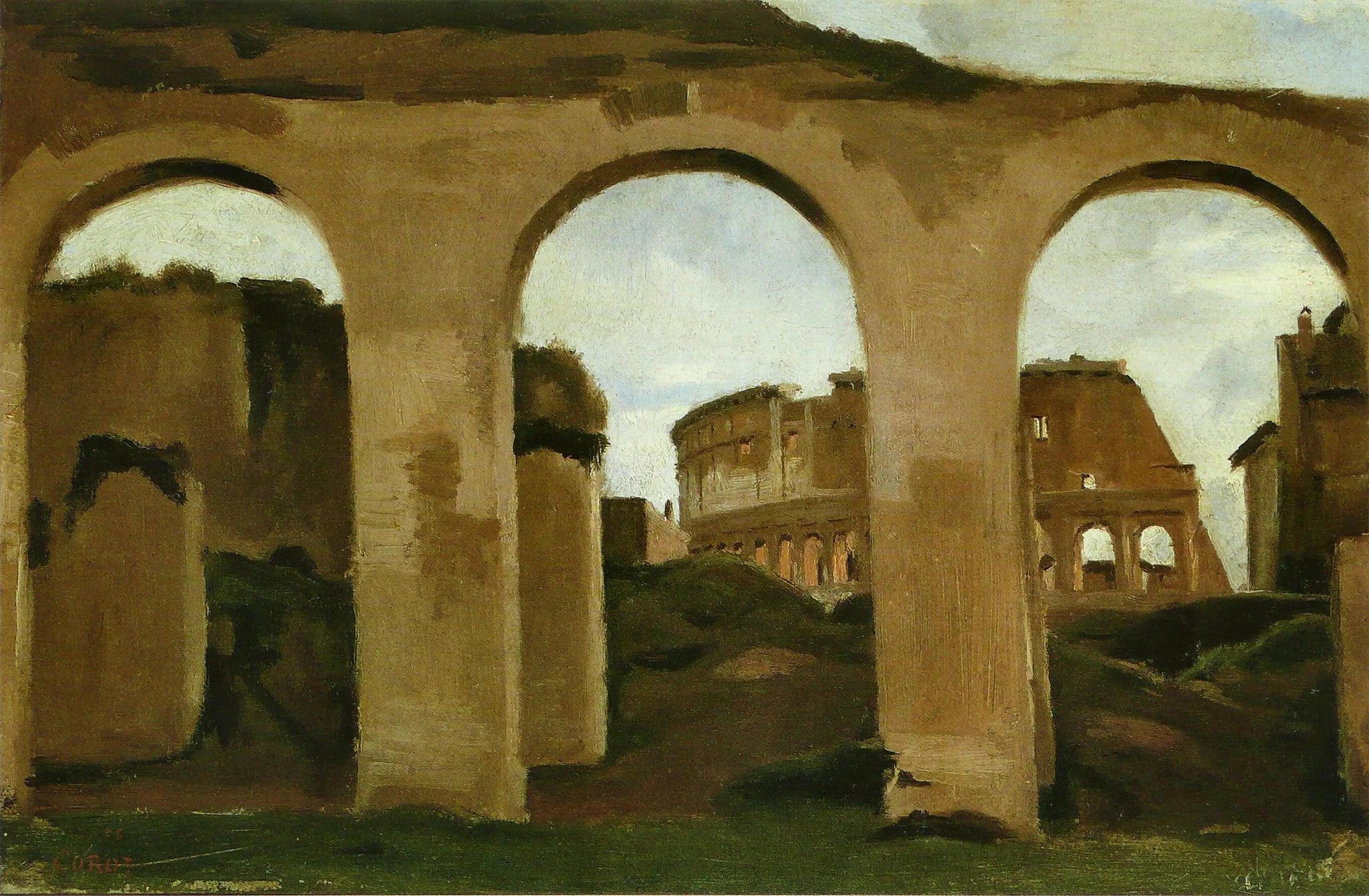 Le Colisée, vu à travers les arcades de la Basilique de Constantin - Jean-Baptiste Camille Corot image 1 copie peinte à la main à l’huile