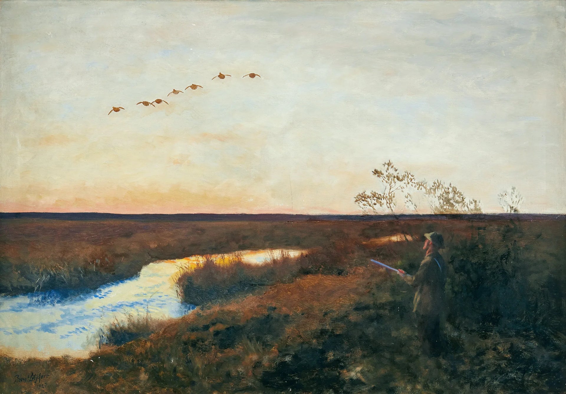 Le crépuscule enveloppe un paysage où s'étirent des canards et un chasseur - Bruno Liljefors image 1 reproduction de peinture à l’huile