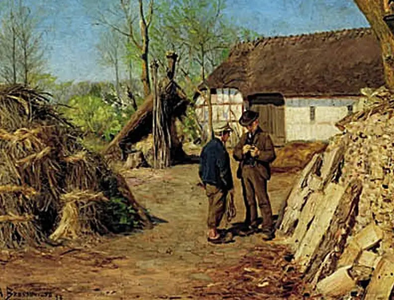 Le fils d'un jeune fermier parle à un jeune paysan. - H. A. Brendekilde image 1 reproduction réalisée par Alpha Reproduction