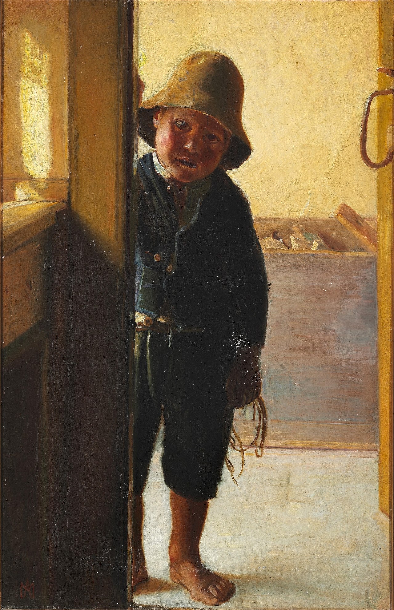 Le fils d'un pêcheur regarde par une porte. - Michael Peter Ancher image 1 tableau peint à l’huile sur toile