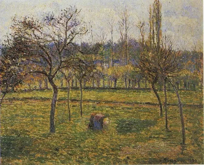 Le fond du pré à Éragny avec une femme ramassant de l'herbe - Camille Pissarro
