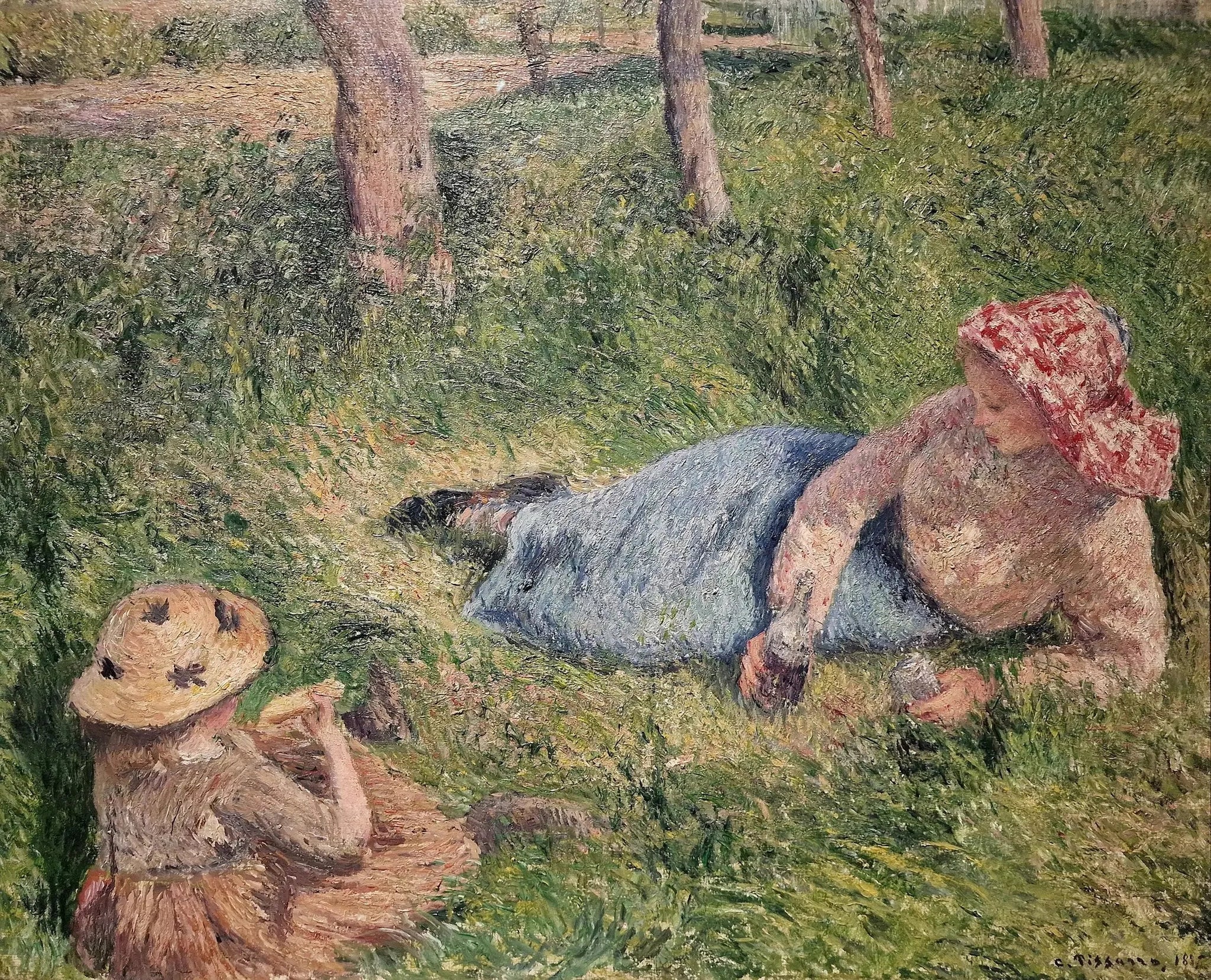 Le goûter, enfant et jeune paysanne au repos - Camille Pissarro image 1 reproduction artisanale de tableau
