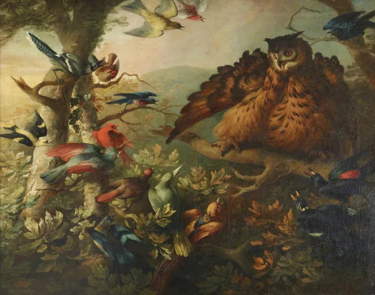 Le harcèlement d'un hibou moyen-duc par d'autres oiseaux - Tobias Stranover image 1 reproduction de peinture à l’huile