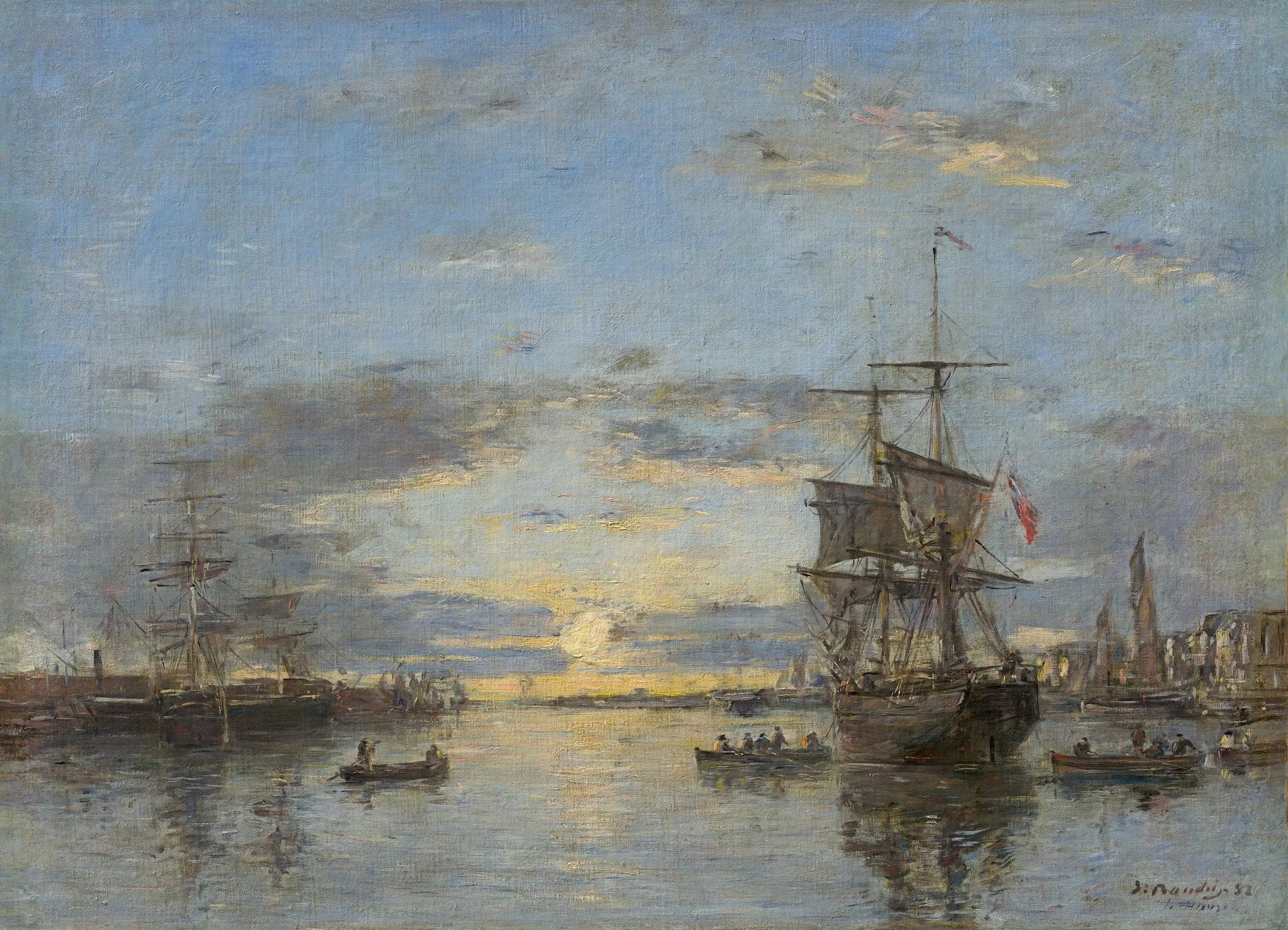 Le Havre : l'avant-port au coucher du soleil - Eugène Boudin image 1 copie peinte à la main à l’huile