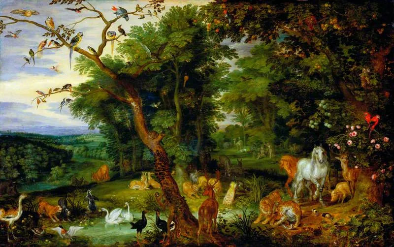 Le jardin d'Éden avec la tentation en arrière-plan - Jan Brueghel l'Ancien image 1 copie peinte à la main à l’huile