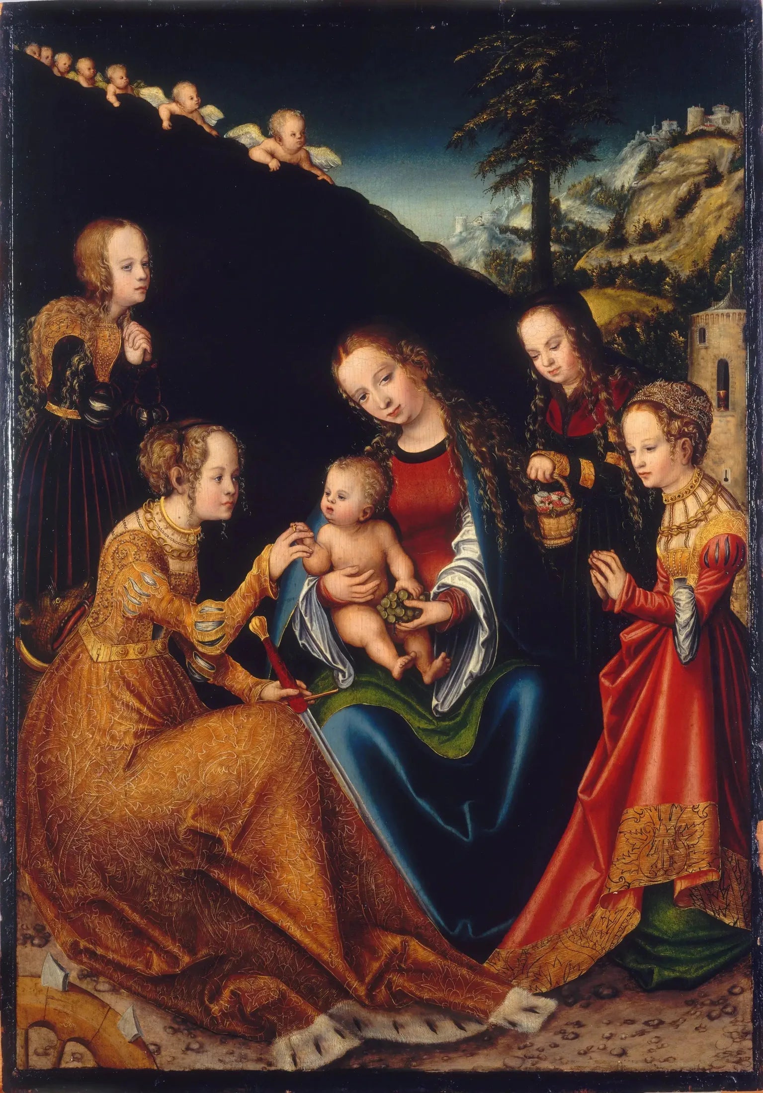 Le mariage mystique de sainte Catherine d'Alexandrie avec les saintes Dorothée, Marguerite et Barbara - Lucas Cranach the Elder image 1 tableau peint à l’huile sur toile