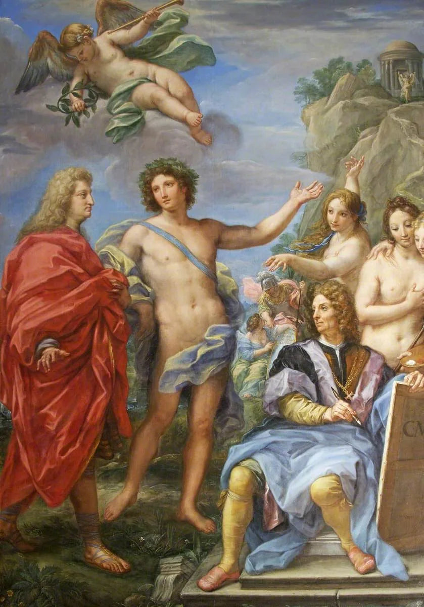 Le marquis Niccolò Maria Pallavicini (1650-1714) guidé au temple de Virtù par Apollon, avec un autoportrait de l'artiste - Carlo Maratta image 1 tableau peint à l’huile sur toile