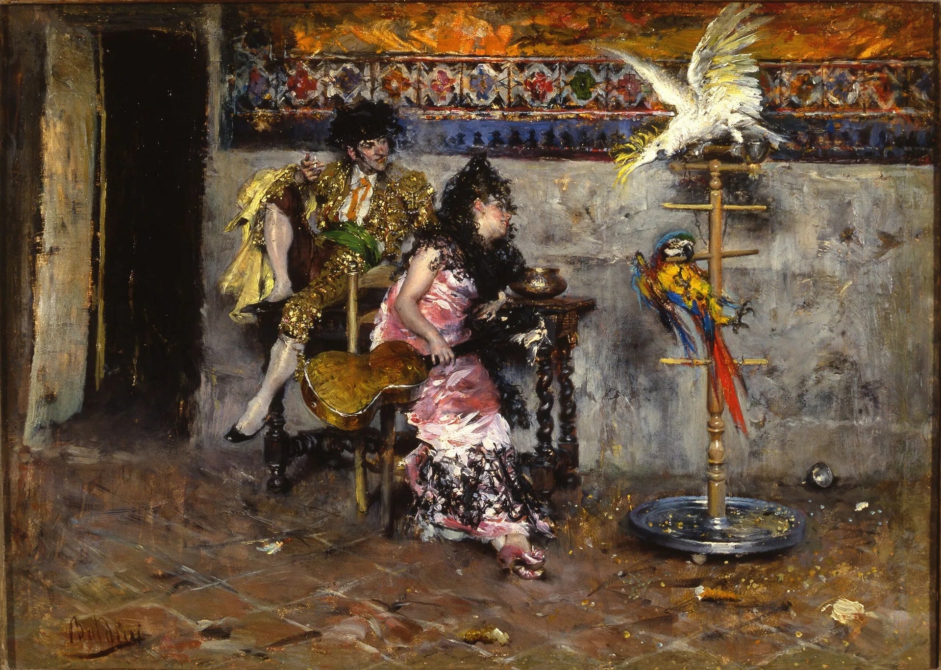 Le Matador ou Couple en costume espagnol avec deux perroquets - Giovanni Boldini image 1 copie peinte à la main à l’huile