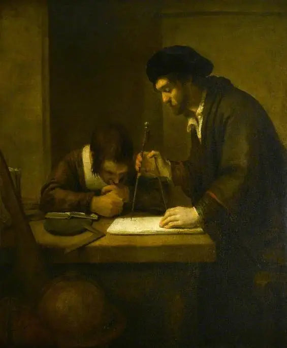 Le mathématicien, un érudit avec des diviseurs et une équerre à une table dans son bureau assisté d'un élève - Rembrandt