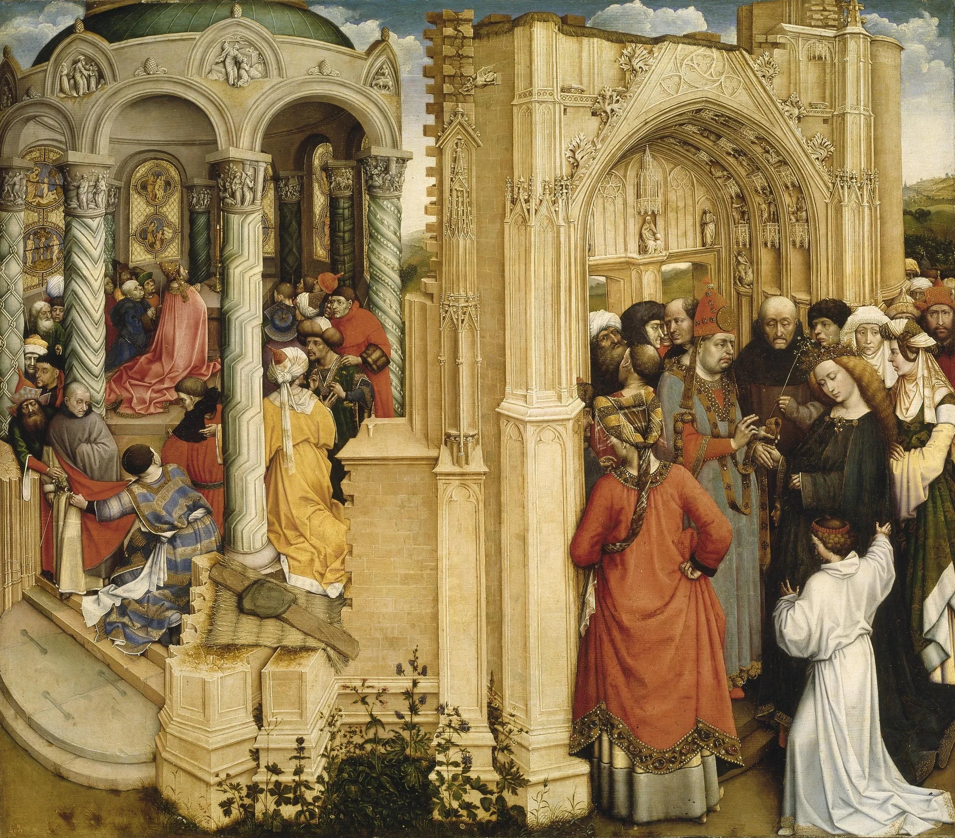 Le miracle du rameau fleuri (à gauche) ; le mariage de Marie et Joseph (à droite) - Robert Campin image 1 copie de tableau peinte à la main