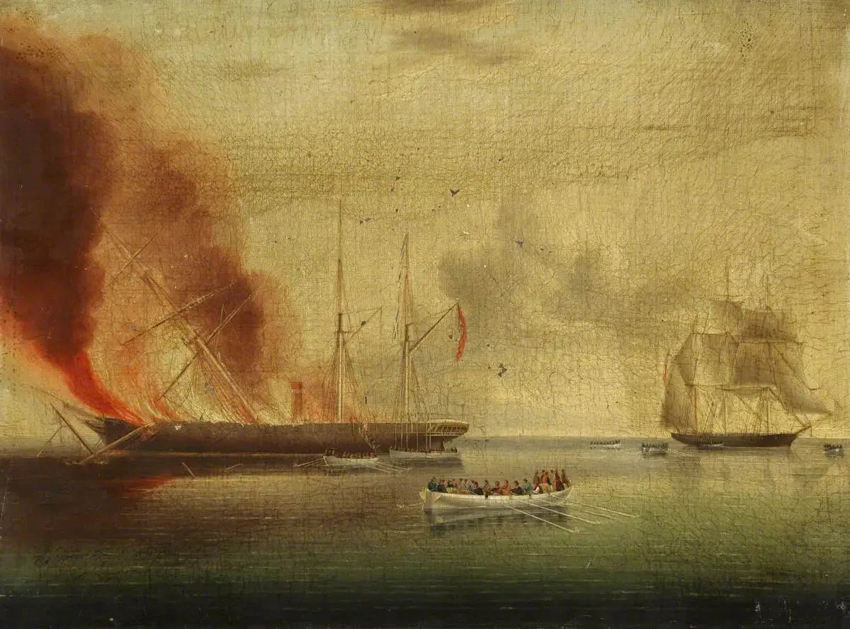 Le navire à vapeur « Glasgow » en feu au large de Nantucket, le 31 juillet 1865 : passagers et équipage secourus par le « Rosamund » - James E. Buttersworth image 1 reproduction de peinture à l’huile