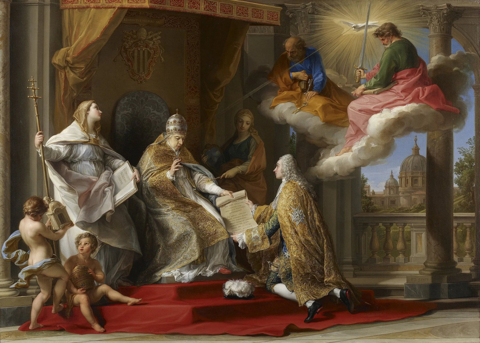 Le pape Benoît XIV présentant l'encyclique « Ex Omnibus » au comte de Stainville, futur duc de Choiseul - Pompeo Batoni image 1 copie peinte à la main à l’huile