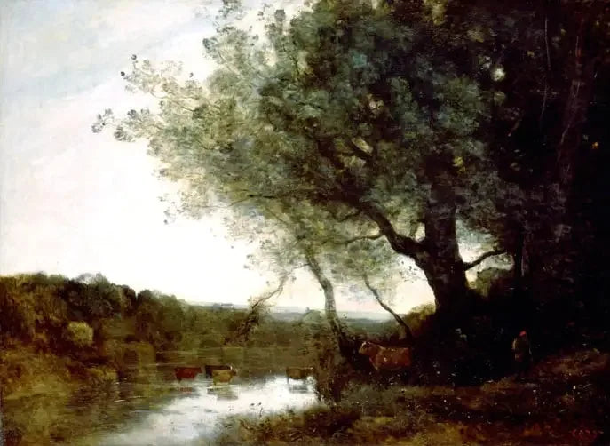 Le Passage du gué le soir - Jean-Baptiste Camille Corot image 1 reproduction artisanale de tableau