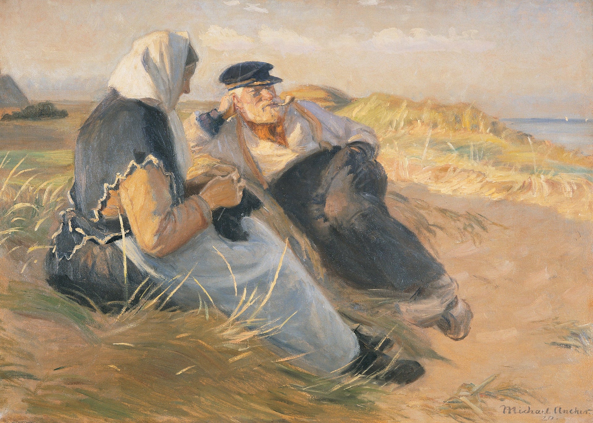 Le pêcheur Anders Velle et sa femme, Ane, sur la plage de Skagen - Michael Peter Ancher image 1 tableau peint à l’huile sur toile