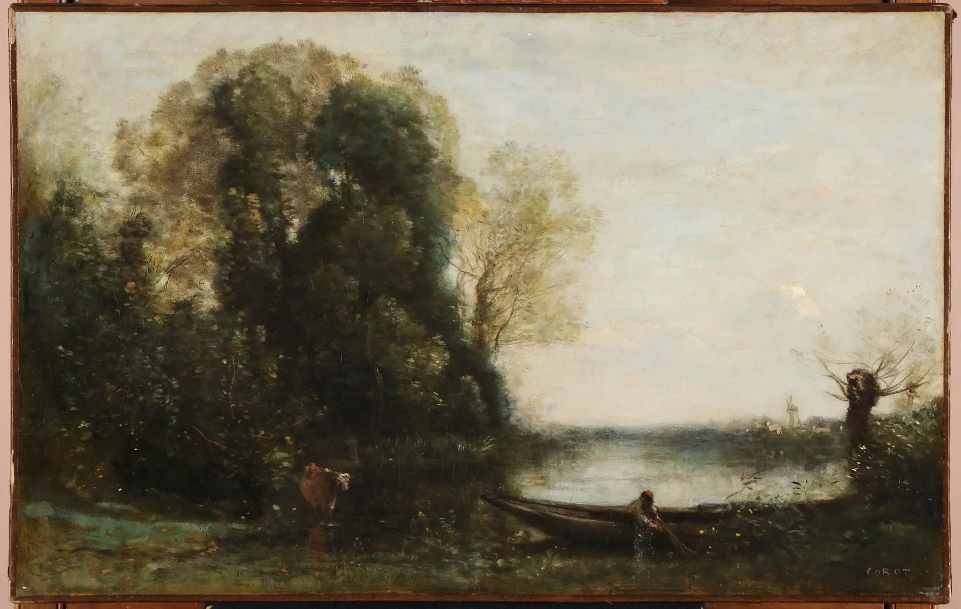 Le pêcheur en barque à la rive - Jean-Baptiste Camille Corot image 1 reproduction de peinture à l’huile