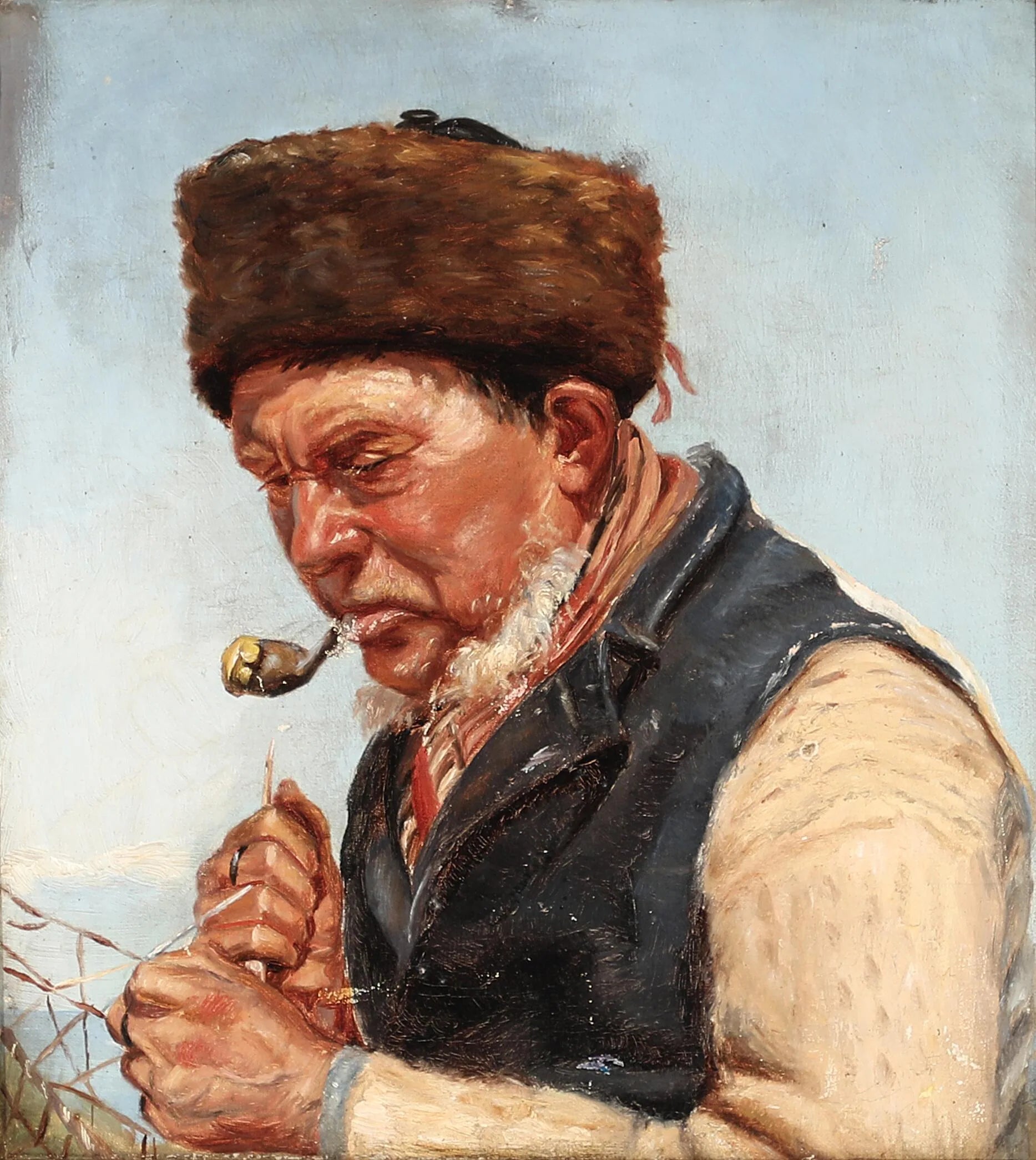Le pêcheur Niels Gaihede répare un filet de pêche. - Michael Peter Ancher image 1 reproduction d’œuvre d’art à l’huile