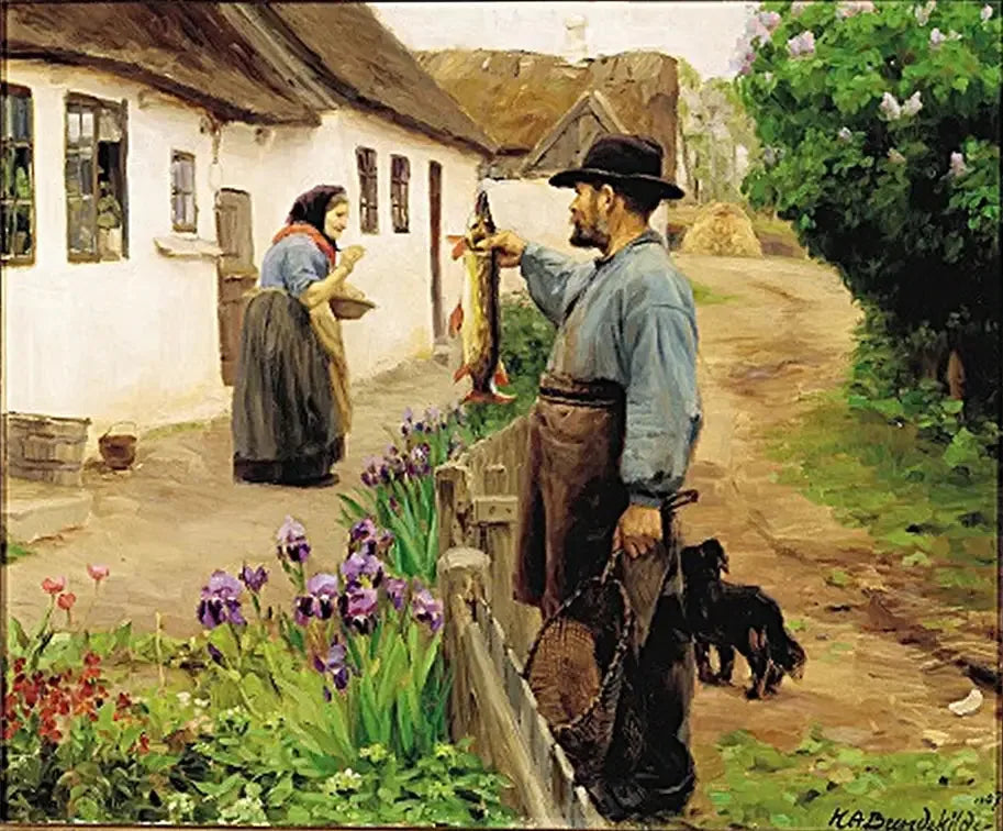 « Le Pêcheur ». Un pêcheur offre un grand brochet frais à une vieille femme. - H. A. Brendekilde image 1 reproduction de peinture à l’huile