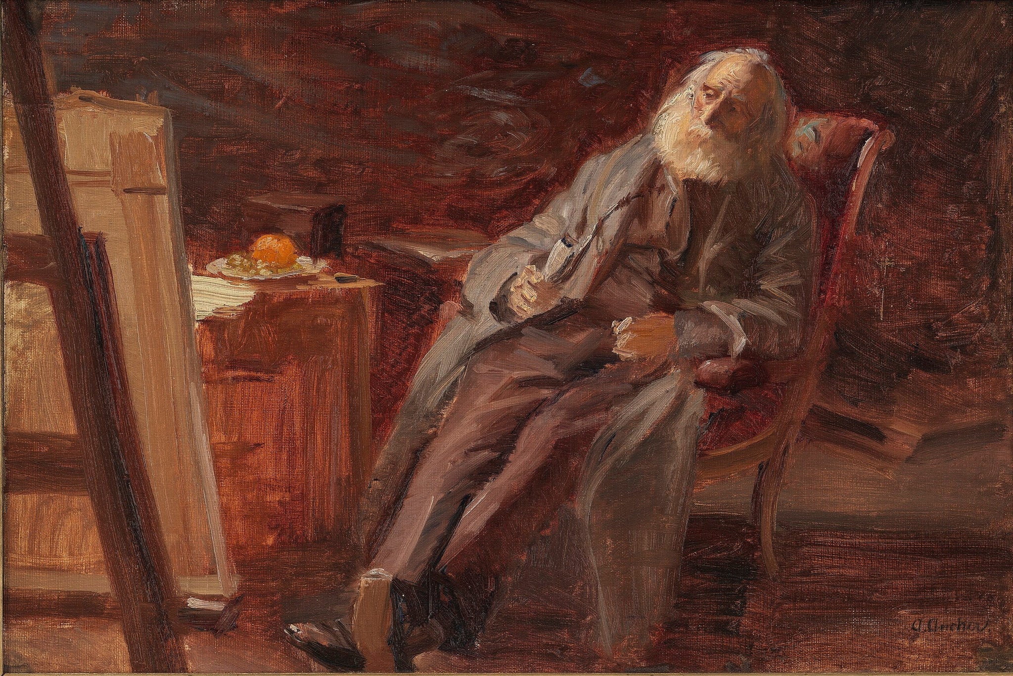 Le peintre Vilhelm Kyhn fumant sa pipe - Anna Ancher image 1 reproduction de peinture à l’huile