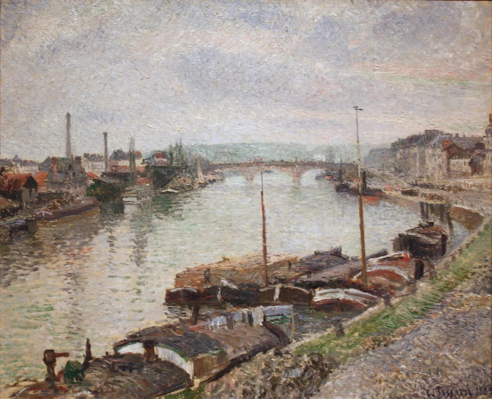 Le pont de pierre et les péniches à Rouen - Camille Pissarro image 1 copie de tableau peinte à la main