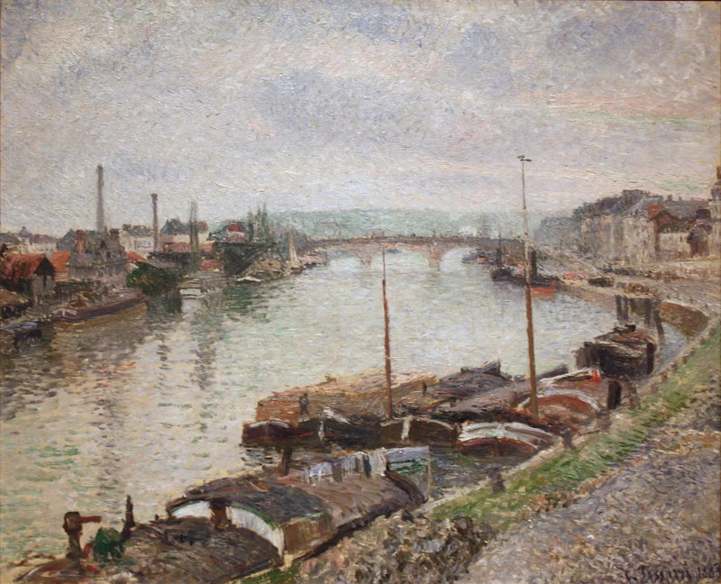 Le pont de pierre et les péniches à Rouen - Camille Pissarro