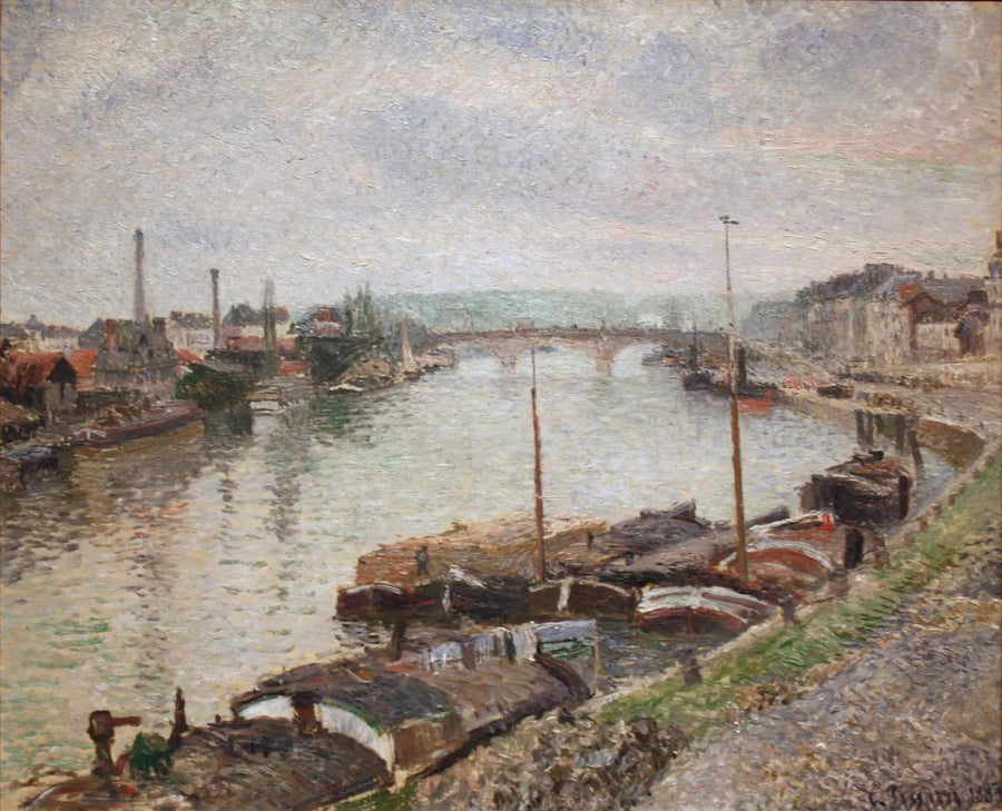 Le pont de pierre et les péniches à Rouen - Camille Pissarro