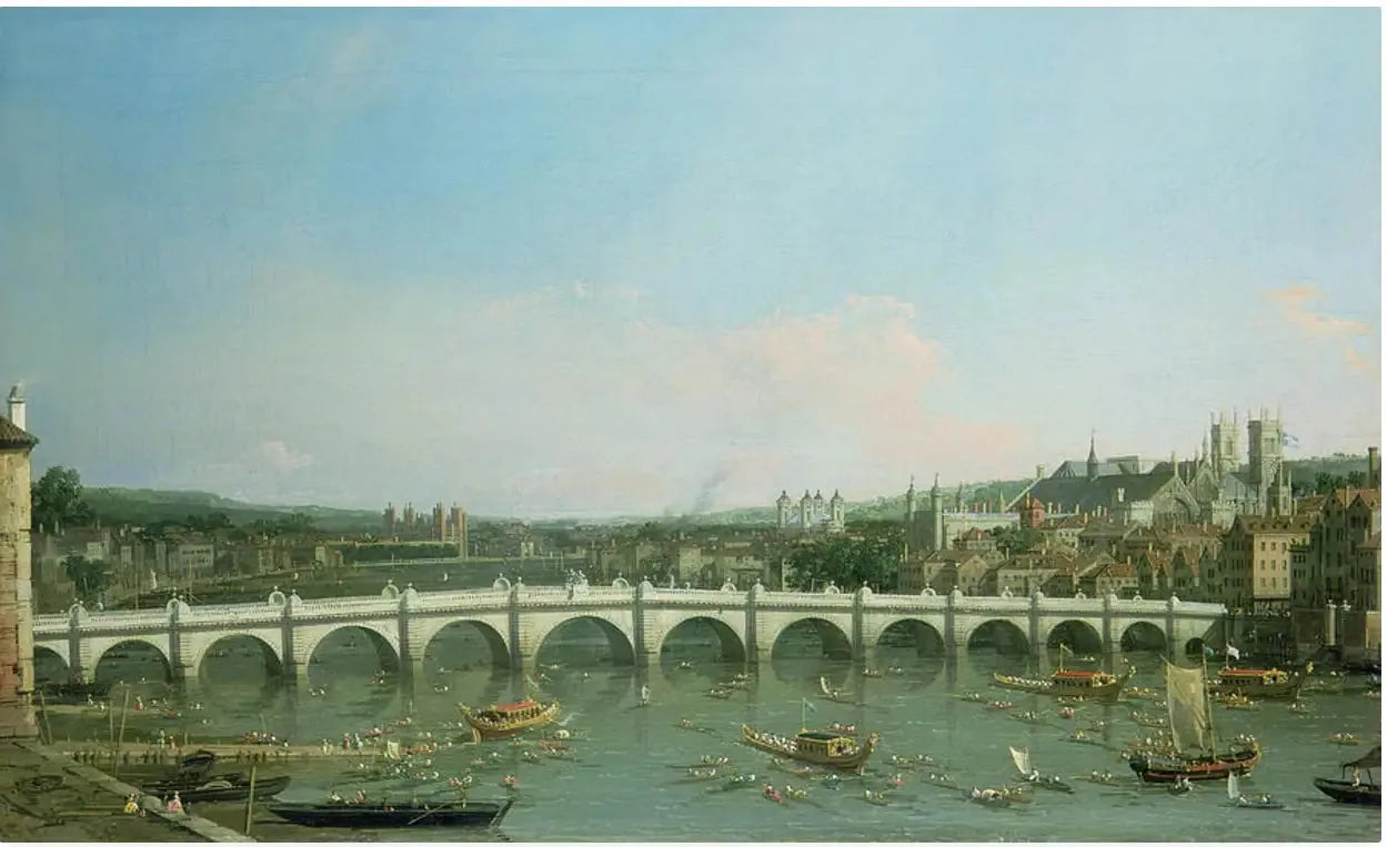 Le pont de Westminster vu du nord avec le cortège du Lord-maire - Canaletto image 1 reproduction artisanale de tableau