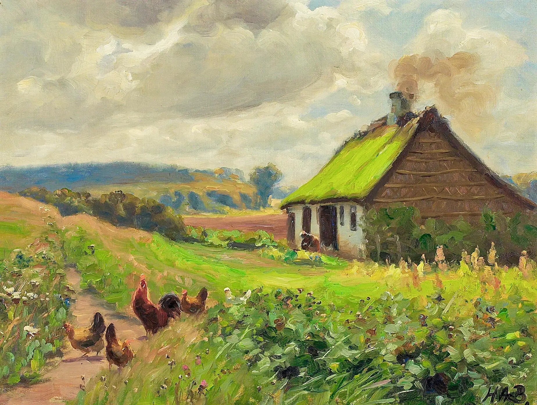 Le printemps avec une maison, une femme et des poulets. - H. A. Brendekilde image 1 reproduction artisanale de tableau