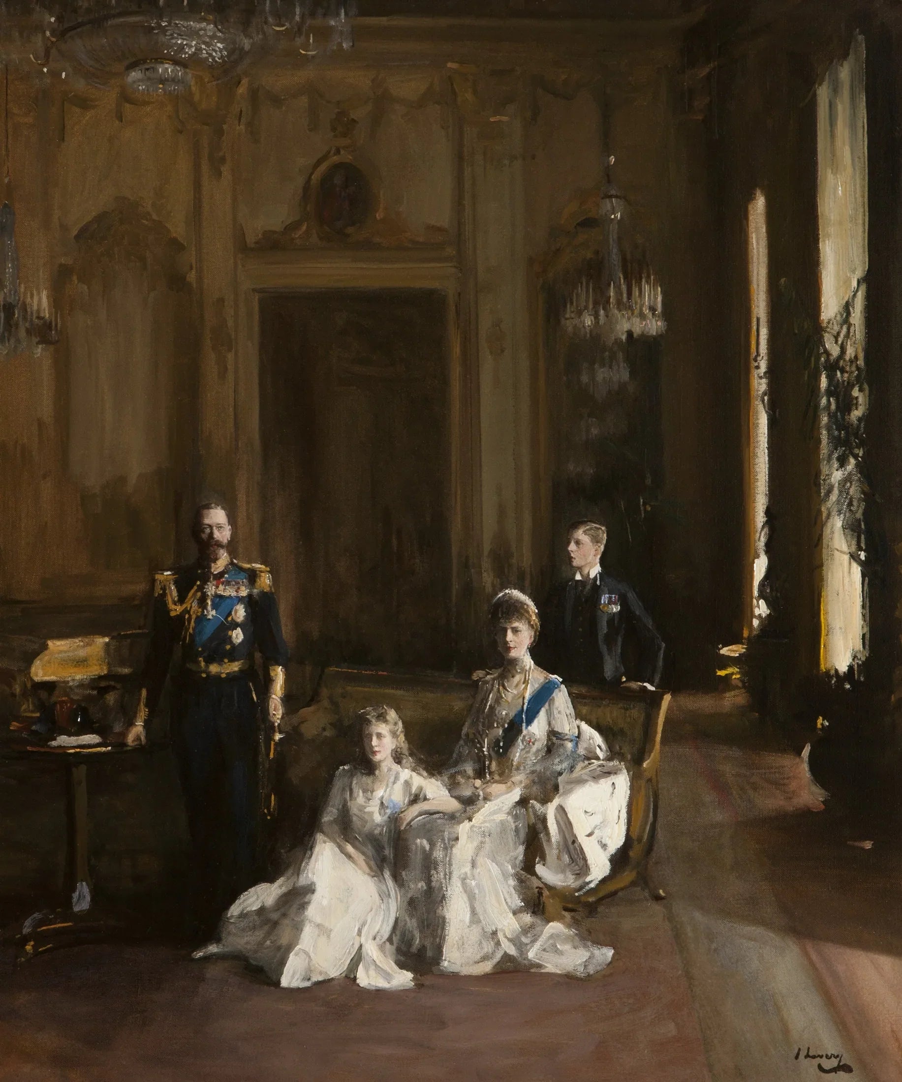 Le Roi, la Reine, le Prince de Galles, la Princesse Mary, le Palais de Buckingham - John Lavery image 1 copie peinte à la main à l’huile
