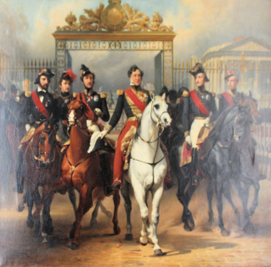 Le roi Louis-Philippe escorté de ses fils sortis à cheval par la grille dorée de la grande cour du palais de Versailles - Léon Perrault image 1 reproduction de peinture à l’huile