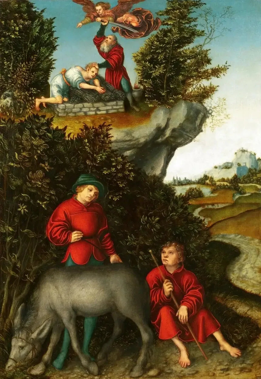 Le sacrifice d'Abraham : Un ange empêche Abraham de sacrifier Isaac ; les serviteurs attendent au pied de la montagne (Genèse 22:10-12) - Lucas Cranach the Elder image 1 copie peinte à la main à l’huile
