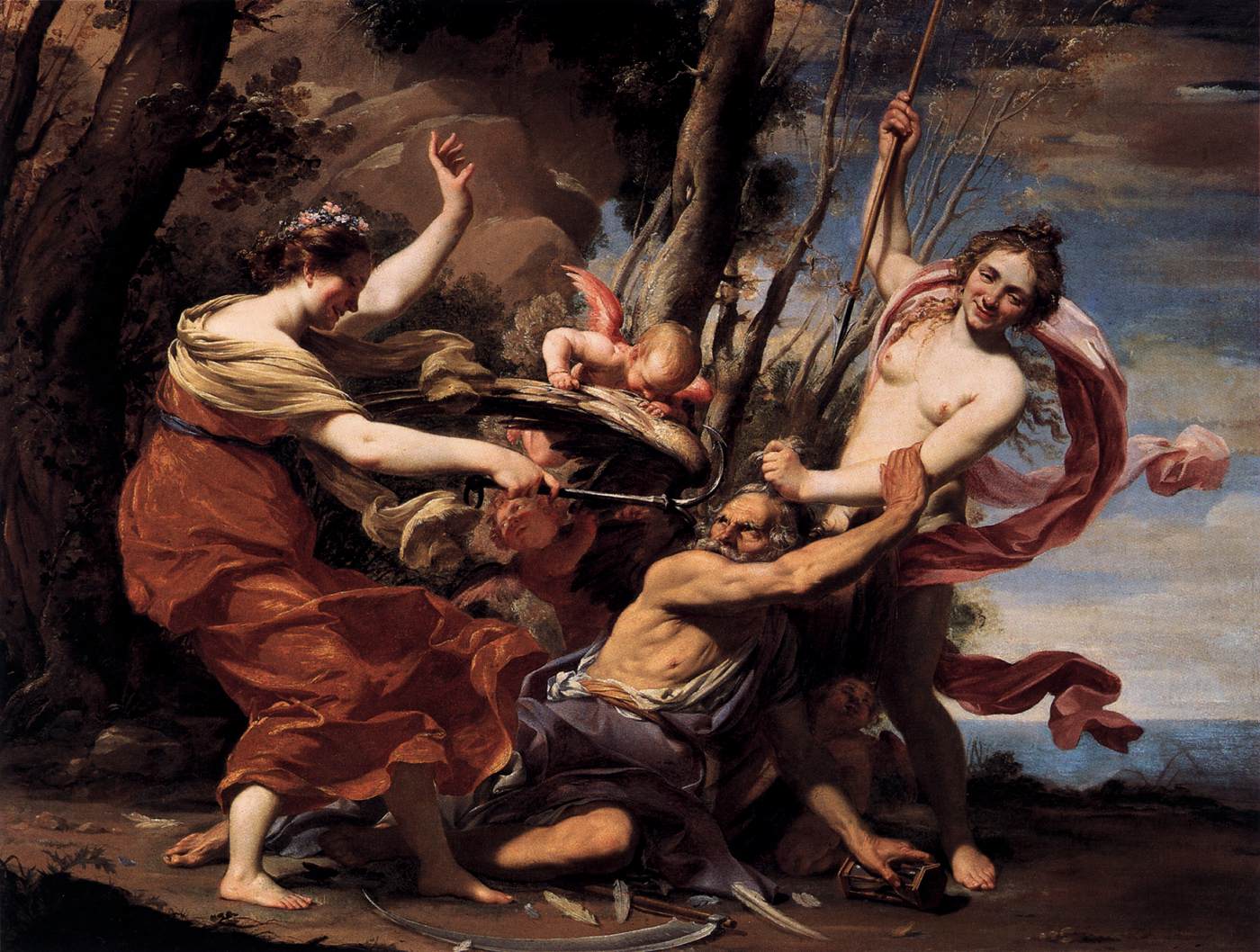 Le Temps vaincu par l'Amour, la Beauté et l'Espoir - Simon Vouet image 1 tableau peint à l’huile sur toile