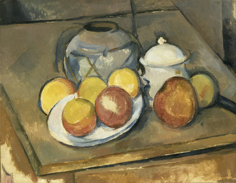 Le vase paillé, sucrier et pommes - Paul Cézanne