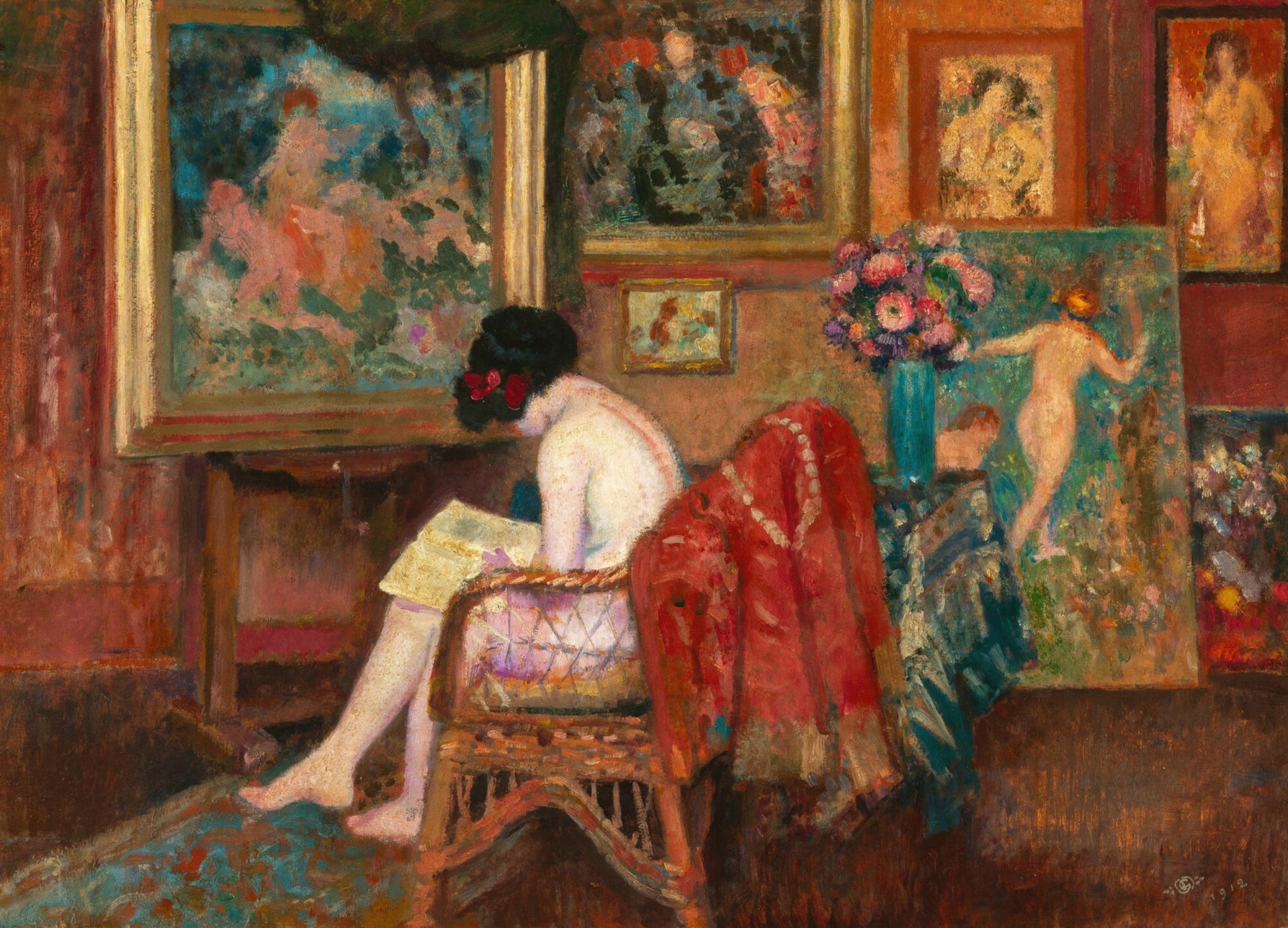 Lecture de modèles dans l'atelier - Georges Lemmen image 1 tableau peint à l’huile sur toile